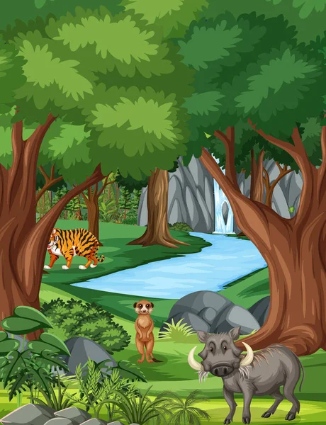 Bosque Escena Con Varios Animales Salvajes Ilustración — Archivo Imágenes Vectoriales