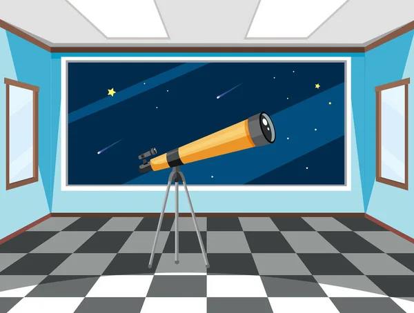 Raum Mit Teleskop Und Großer Fensterillustration — Stockvektor