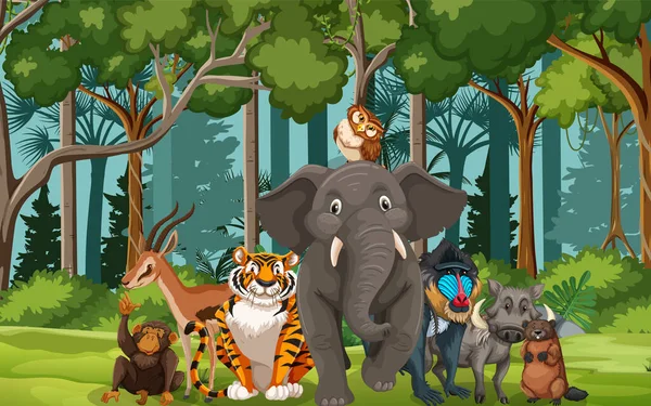 Vahşi Hayvan Gruplarının Yer Aldığı Orman Sahnesi — Stok Vektör