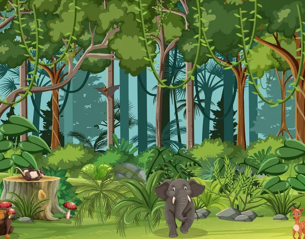 Scena Della Foresta Con Animali Selvatici Illustrazione — Vettoriale Stock