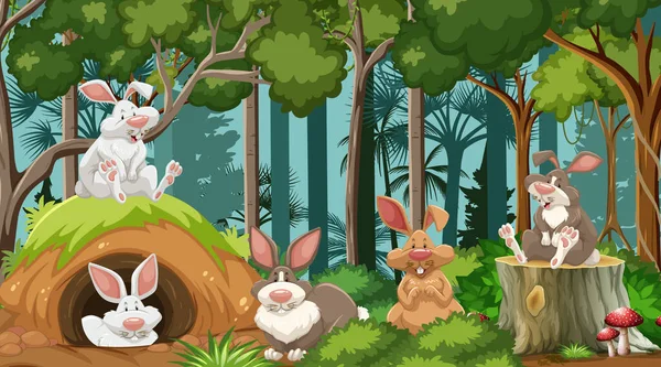 Grupo Conejos Naturaleza Escena Forestal Ilustración — Vector de stock