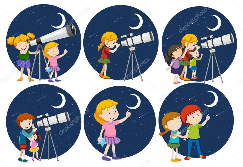 Set of different kids looking through telescope at night illustration
