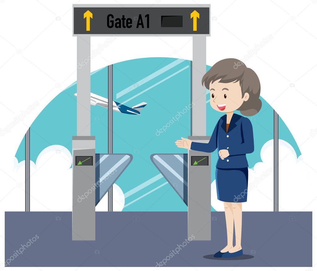 Boarding gate entrance with ground crew illustration