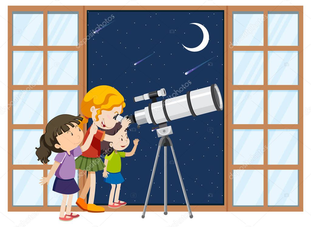 Kids observe night sky with telescope illustration