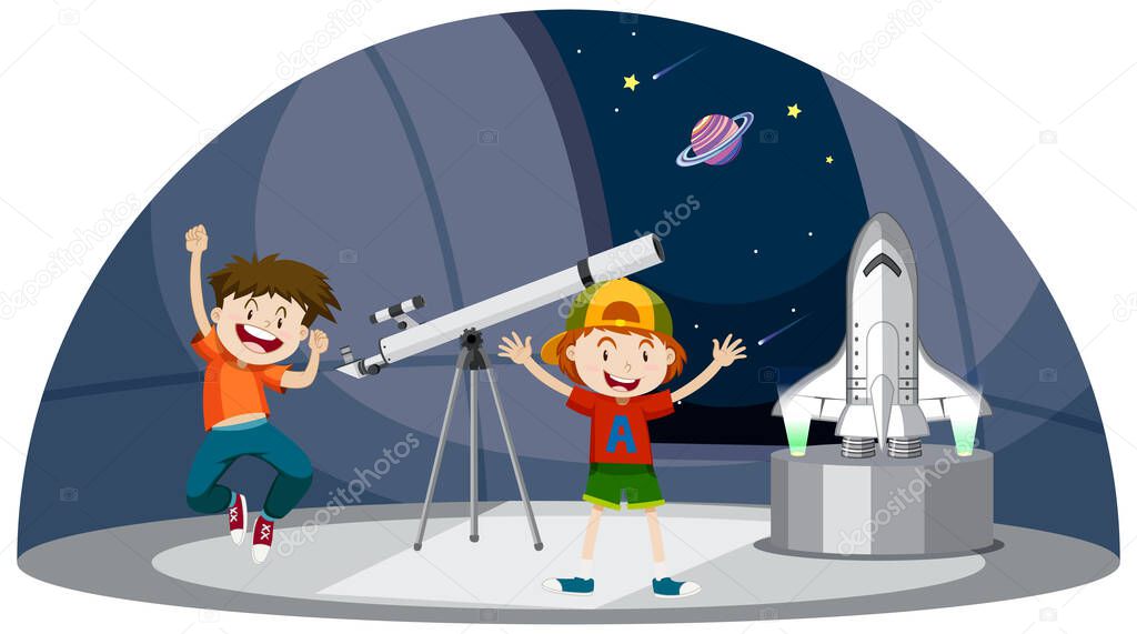 Astronomy theme with two boys and telescope illustration