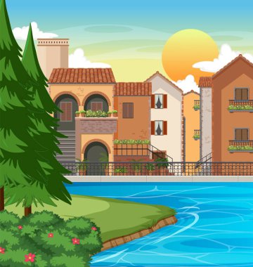 İtalya şehir tarzı ev ve manzara çizimi