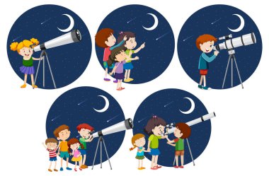 Gece çizimlerinde teleskopla bakan bir grup çocuk.