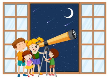 Çocuklar gece gökyüzünü teleskopla görüyorlar.