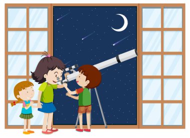 Çocuklar gece gökyüzünü teleskopla görüyorlar.