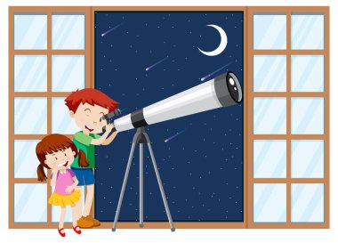 Çocuklar gece gökyüzünü teleskopla görüyorlar.