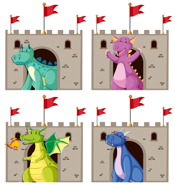 Conjunto Ilustración Personajes Dibujos Animados Dragón Lindo Diferente — Archivo Imágenes Vectoriales