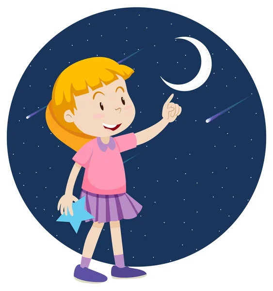 Una Ragazza Che Punta Dito All Illustrazione Della Luna — Vettoriale Stock