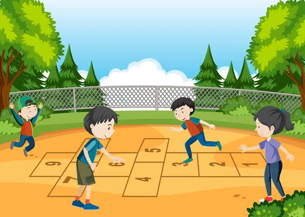 Gyerekek Játszanak Ugróiskola Játék Parkban Illusztráció — Stock Vector