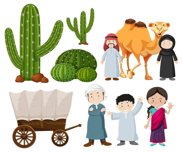 Popolo Arabo Con Cammello Cactus Illustrazione — Vettoriale Stock