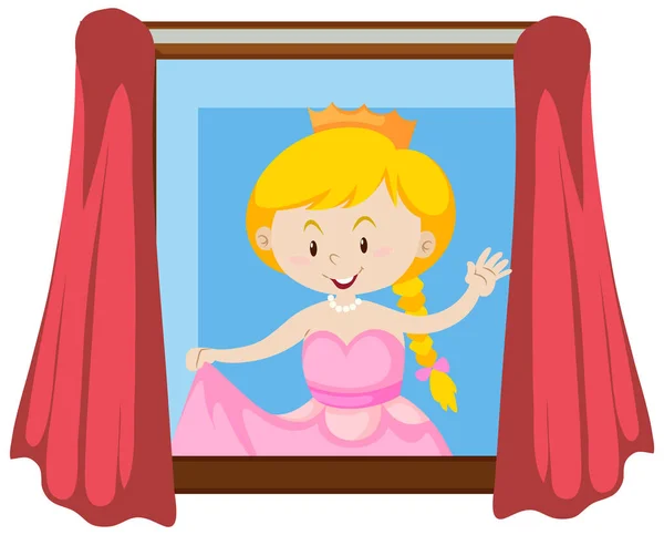 Happy Princess Waving Hand Window Illustration — Stock Vector
