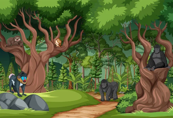Lesní Scéna Volně Žijící Zvířata Ilustrace — Stockový vektor
