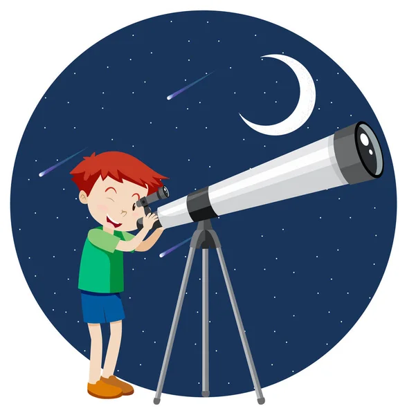 Ragazzo Che Guarda Attraverso Telescopio Notte Illustrazione — Vettoriale Stock