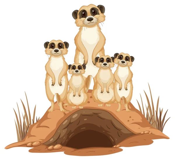 Group Meerkats Burrow Cartoon Style Illustration — Stock Vector