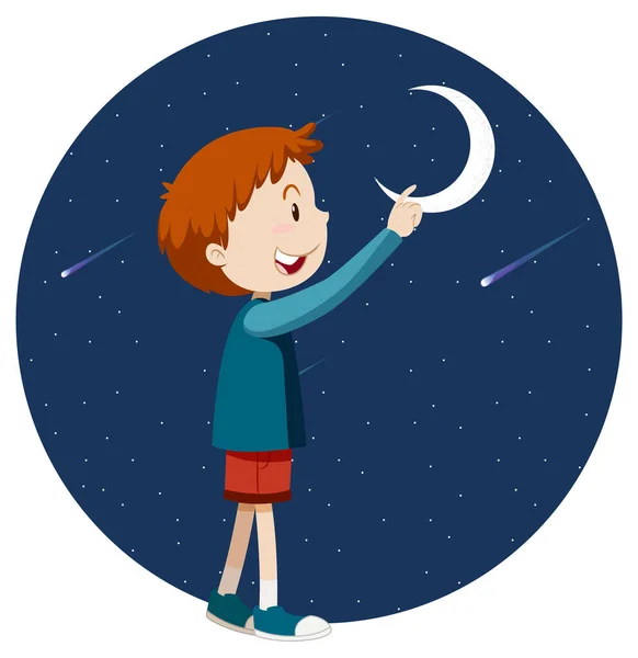 Ragazzo Che Punta Dito Verso Illustrazione Della Luna — Vettoriale Stock