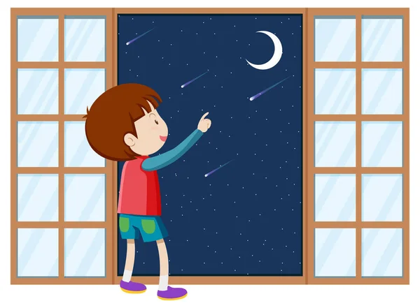 Chlapec Ukazující Prstem Měsíční Ilustraci — Stockový vektor