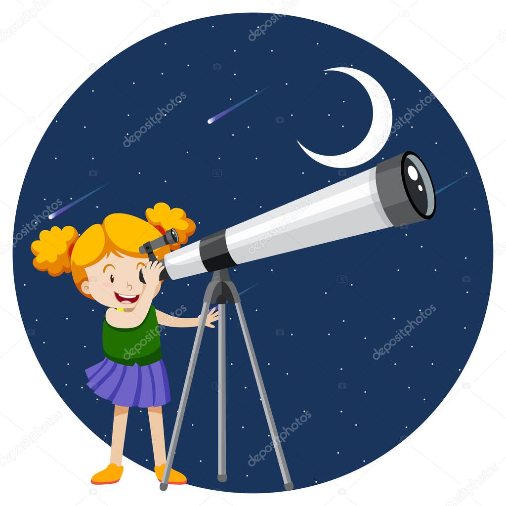 Cartoon girl through telescope at night illustration