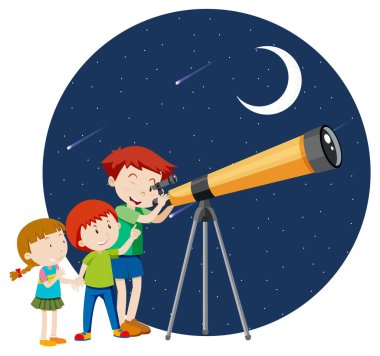 Çocuklar teleskopla gece resimlerini izliyorlar.