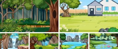 Birçok ağaç ve nehir resimli doğa sahnesi