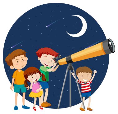 Mutlu çocuklar gece gökyüzünü teleskopla izlerler.