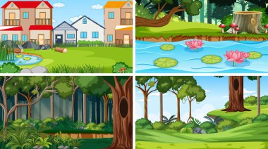 Pek çok ağaç ve alan resmedilmiş doğa sahnesi