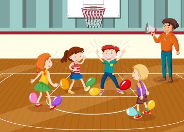 Çocuklar balonlarla fiziksel aktivite yapıyorlar.