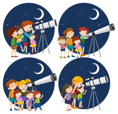 Gece çizimlerinde teleskopla bakan bir grup çocuk.