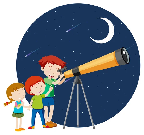Gyerekek Nézi Teleszkóp Éjszakai Illusztráció — Stock Vector