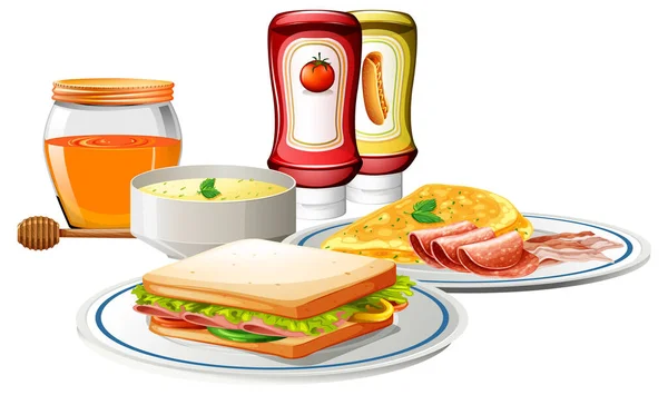 Sarapan Diatur Dengan Sandwich Dan Sup Ilustrasi - Stok Vektor