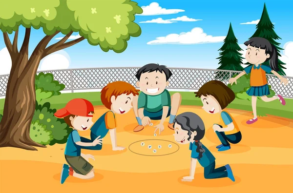 Kinderen Spelen Jack Stones Het Park Illustratie — Stockvector