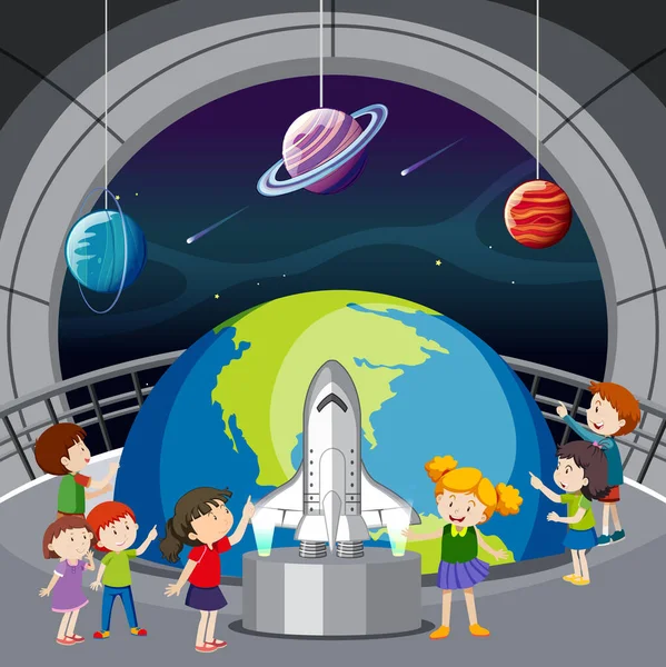 Astronomi Tema Med Många Barn Museet Illustration — Stock vektor
