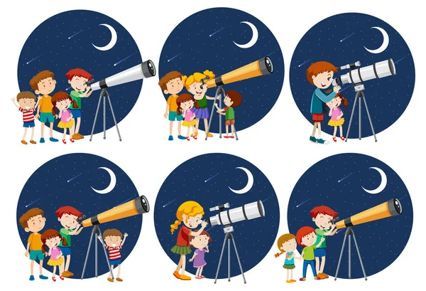 Conjunto Crianças Diferentes Olhando Através Telescópio Noite Ilustração — Vetor de Stock