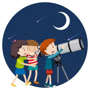 Mutlu çocuklar gece gökyüzünü teleskopla izlerler.