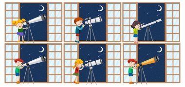 Bir grup farklı çocuk teleskopla gökyüzünü inceliyor.