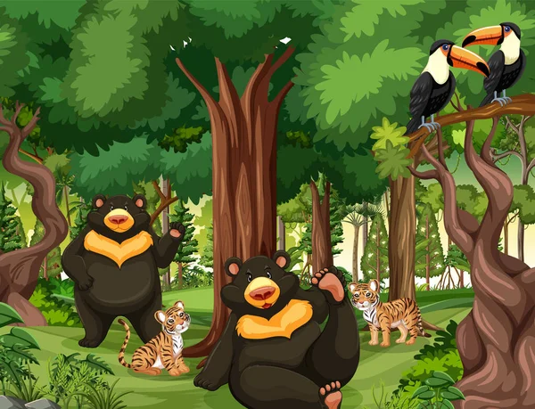 Scène Forestière Avec Divers Animaux Sauvages Illustration — Image vectorielle