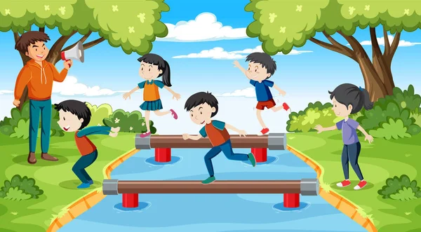 Bambini Equilibrio Sulla Trave Parco Illustrazione — Vettoriale Stock