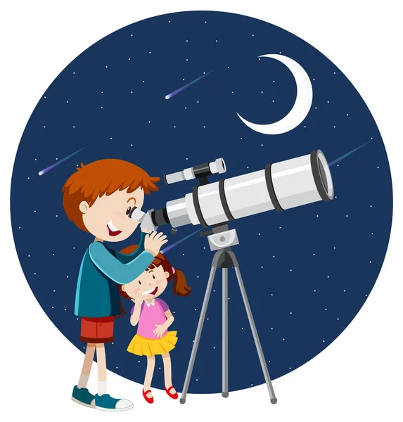 Boy Looking Telescope Night Illustration — ストックベクタ