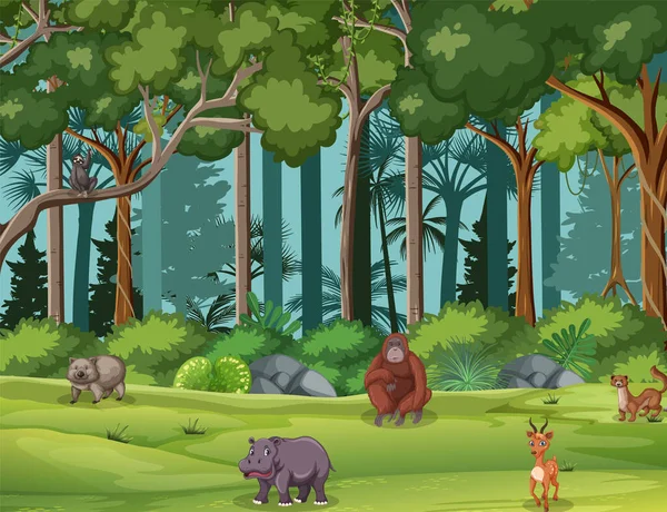 Forest Scene Wild Animals Illustration — Stock Vector