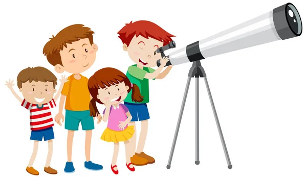 Wiele Dzieci Patrząc Przez Ilustrację Teleskopu — Wektor stockowy