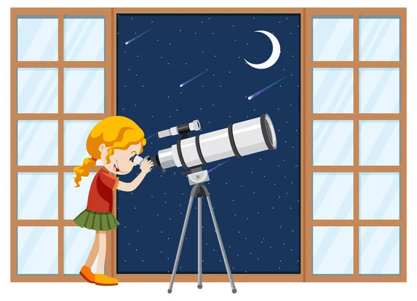 Girl Observe Night Sky Telescope Illustration — Stock Vector