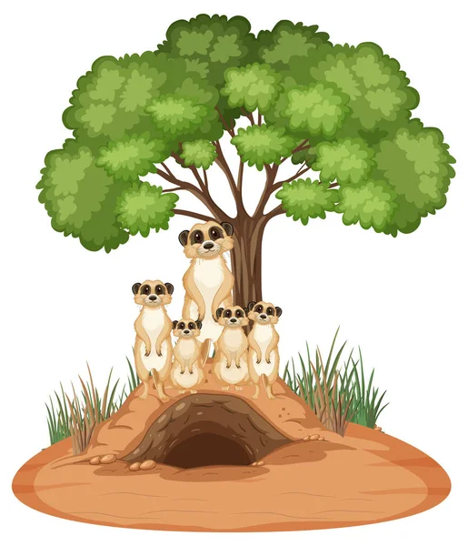 Group Meerkats Burrow Cartoon Style Illustration — Stock Vector