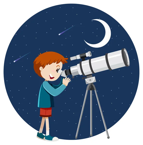 Een Jongen Kijkend Door Telescoop Avond Illustratie — Stockvector