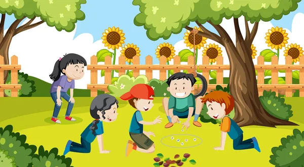 Parktaki Resimde Kriko Taşı Oynayan Çocuklar — Stok Vektör