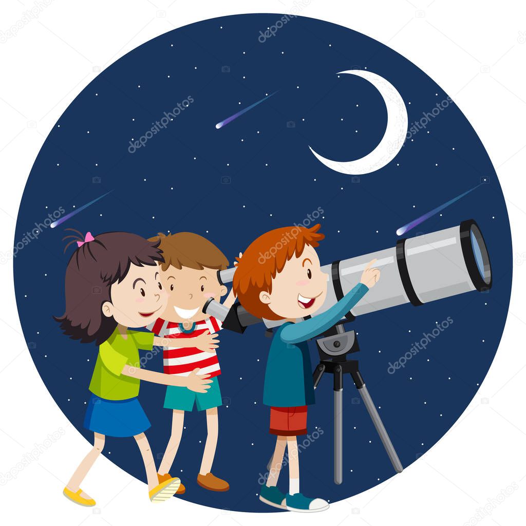 Happy kids observe night sky with telescope illustration