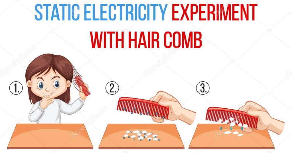 Static electricity with hair comb science experiment illustration