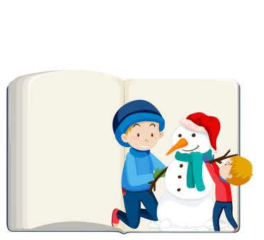Çocuklar ve Kardan Adam illüstrasyonuyla boş bir kitap açıldı